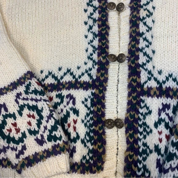 VTG Chunky Handknit Metal Button Nordic Ski Wool Blend Cardigan Sweater - Picture 12 of 12